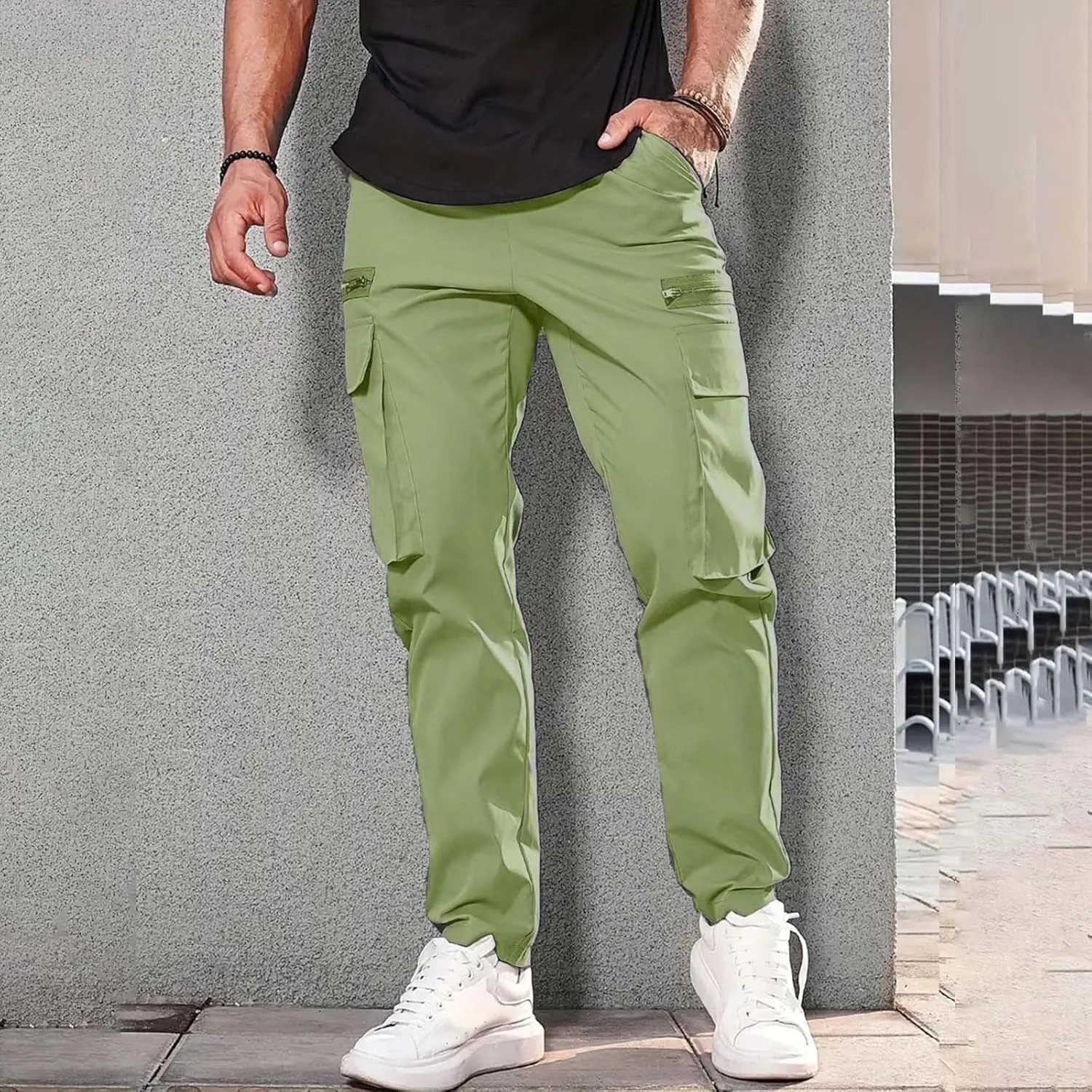 Mens Resort Wear 2025 Polyester Pants,Elastic Waist Drawstring Cargo Pants Lightweight Casual Summer Beach Trousers