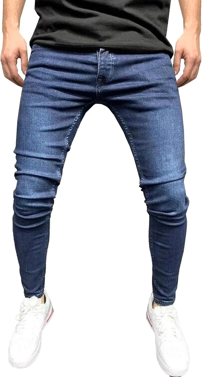 Men's Ripped Jeans Distressed Patchwork Denim Pants Stacked Stretchy Straight Leg Fit