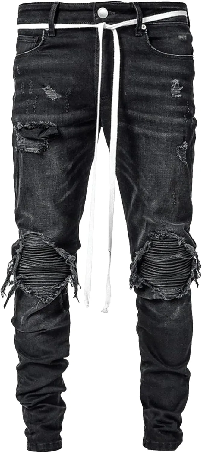 Men's Ripped Jeans Distressed Patchwork Denim Pants Stacked Stretchy Straight Leg Fit