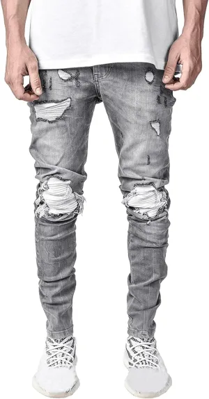 Men's Ripped Jeans Distressed Patchwork Denim Pants Stacked Stretchy Straight Leg Fit