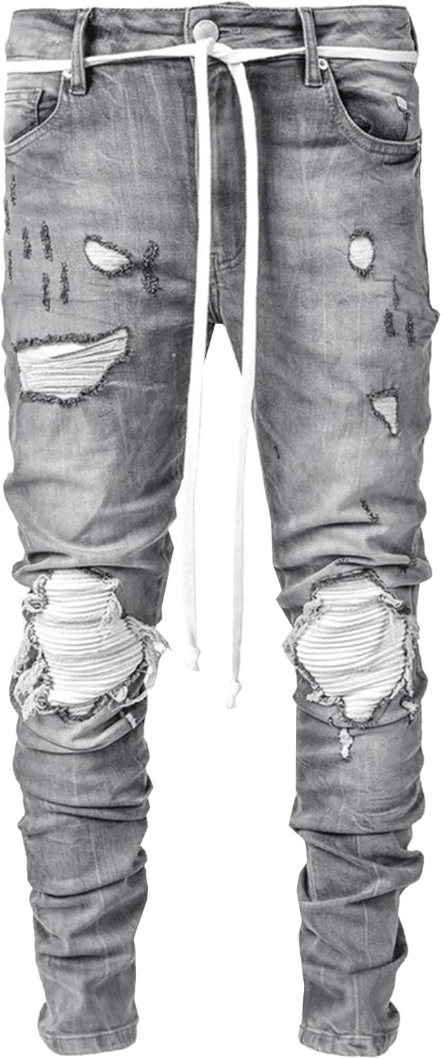 Men's Ripped Jeans Distressed Patchwork Denim Pants Stacked Stretchy Straight Leg Fit