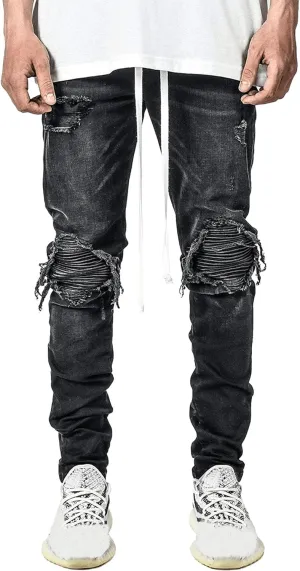 Men's Ripped Jeans Distressed Patchwork Denim Pants Stacked Stretchy Straight Leg Fit
