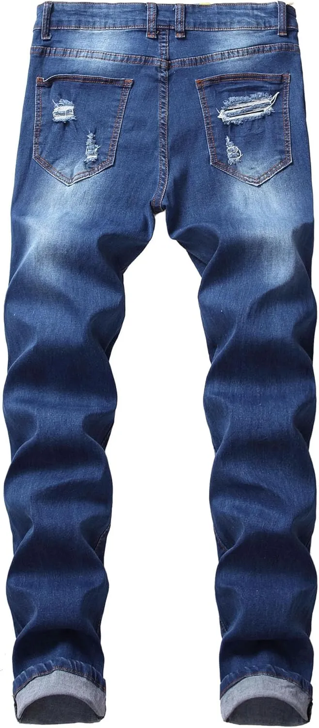 Mens Ripped Skinny Stretch Jeans Vintage Washed Straight Leg Denim Pants Slim Fit Destroyed Jean Trousers