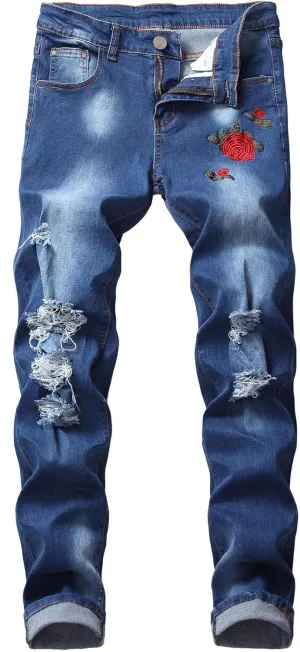 Mens Ripped Skinny Stretch Jeans Vintage Washed Straight Leg Denim Pants Slim Fit Destroyed Jean Trousers