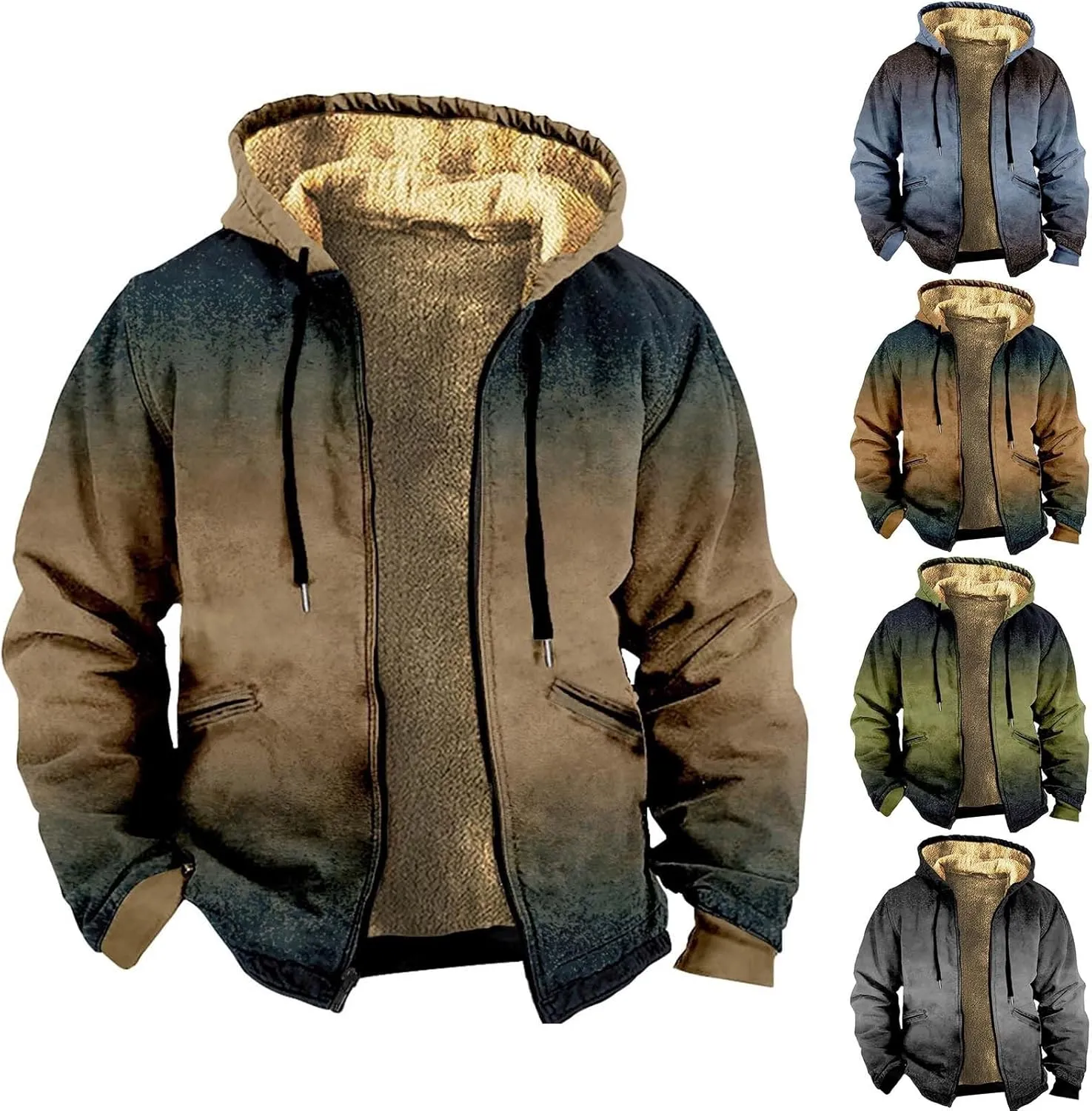Men's Sherpa Lined Hoodies Heavyweight Full Zip Up Gradient Color Sweatshirts Thicken Fleece Jackets Winter Warm Coat
