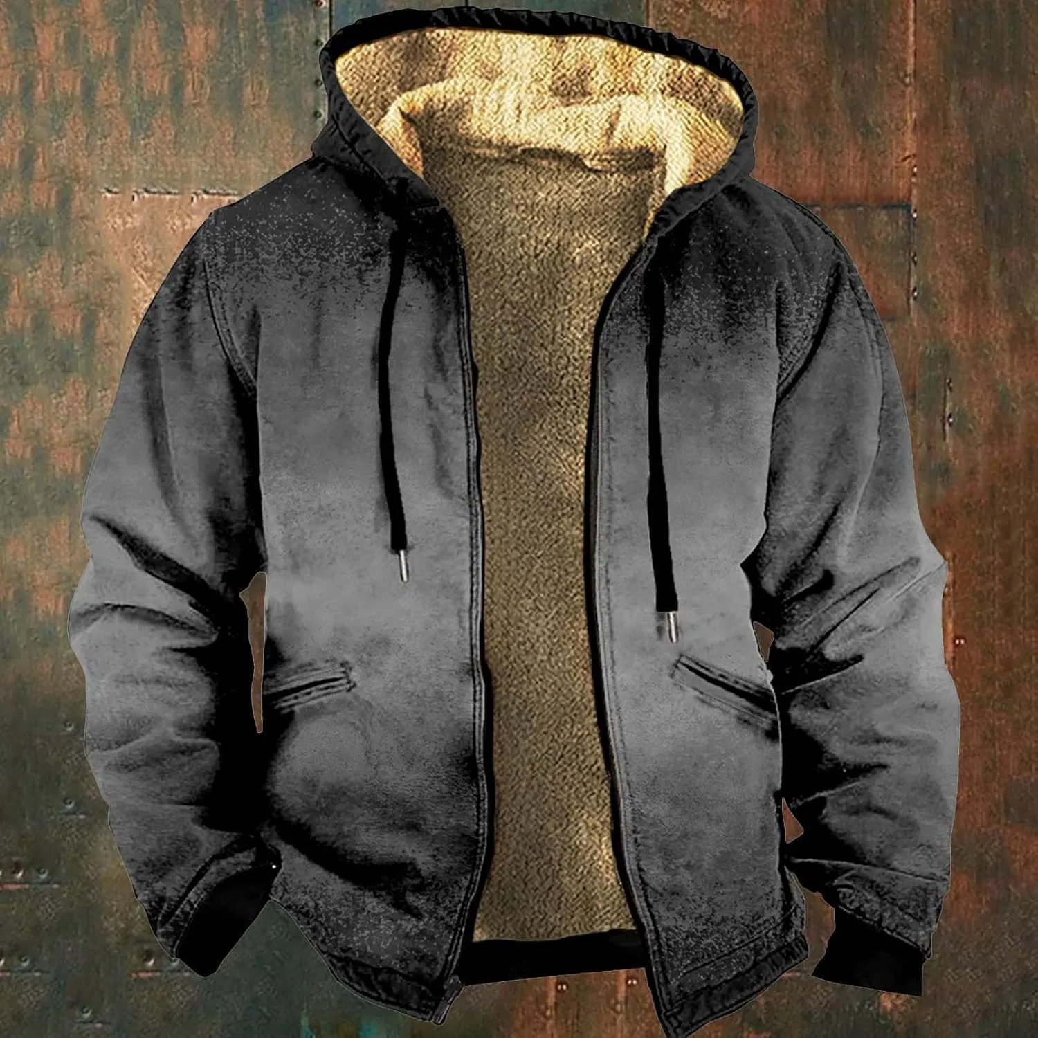 Men's Sherpa Lined Hoodies Heavyweight Full Zip Up Gradient Color Sweatshirts Thicken Fleece Jackets Winter Warm Coat