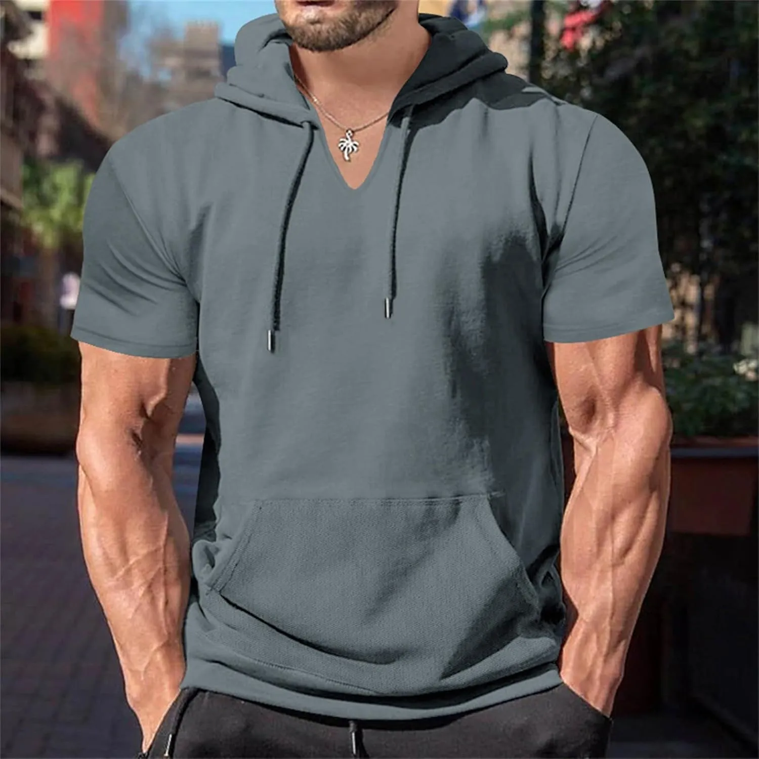 Men's Short Sleeve Hoodies Casual V Neck Drawstring Hooded Pullover Tops Loose Summer Workout Sweatshirts with Pocket