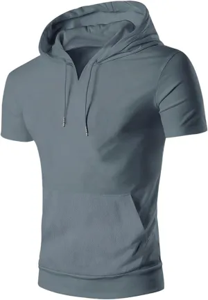 Men's Short Sleeve Hoodies Casual V Neck Drawstring Hooded Pullover Tops Loose Summer Workout Sweatshirts with Pocket