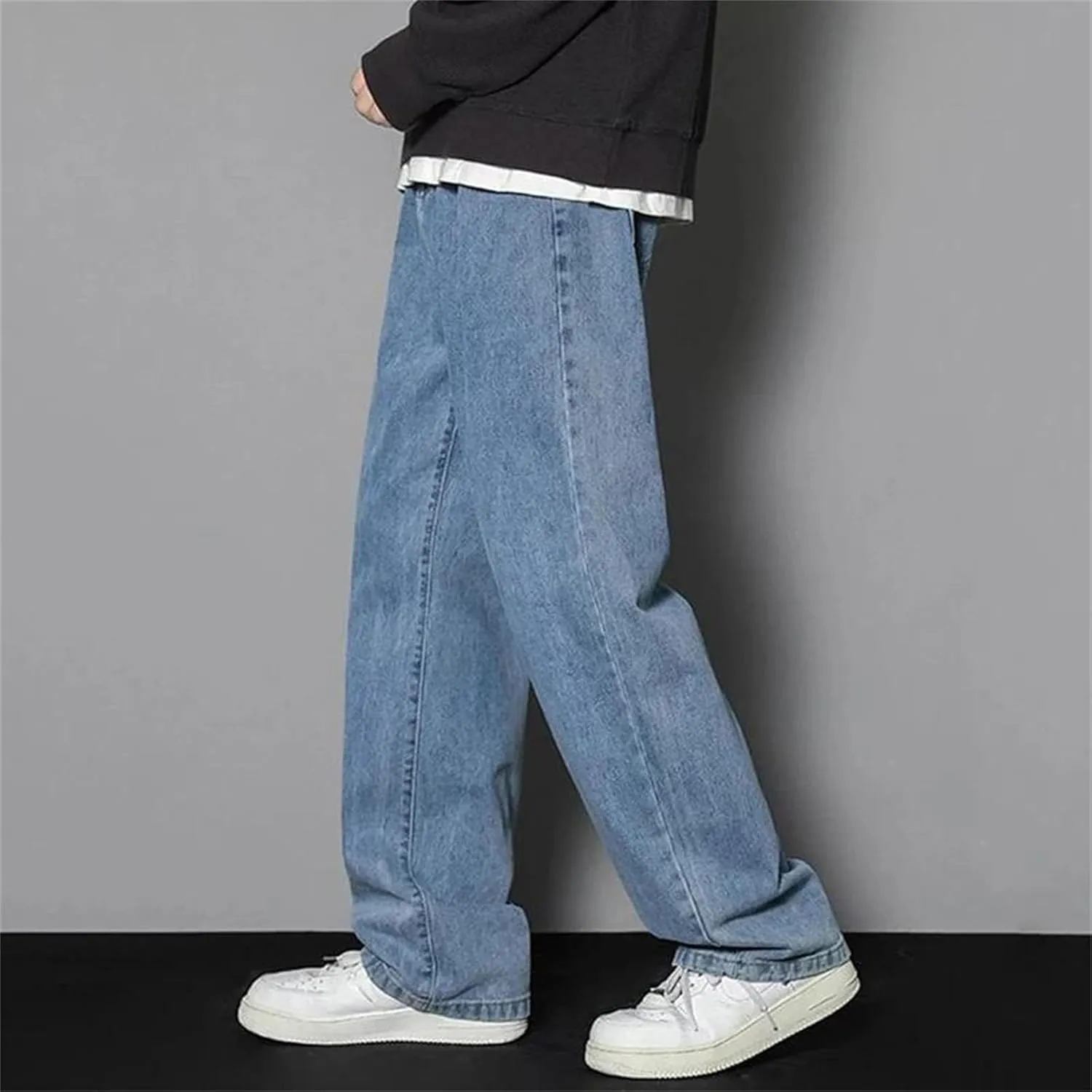 Men's Simple Straight Leg Baggy Jeans Daily Casual Wide Leg Jeans with Pockets