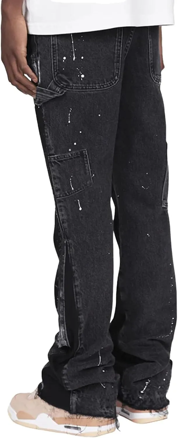 Mens Slim Fit Jeans Flared Stacked Denim Pants Fashion Straight Leg Ripped Y2K Jeans Patchwork Casual Trousers