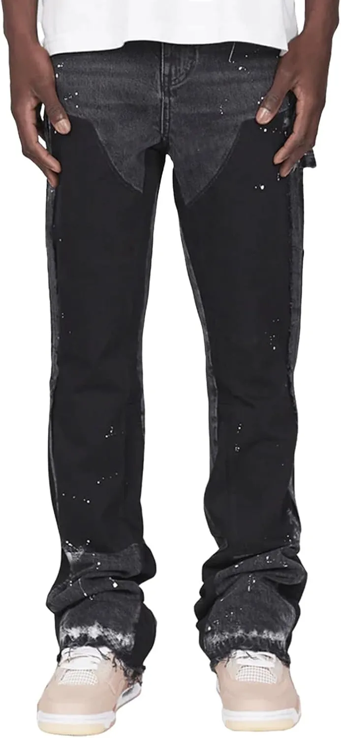 Mens Slim Fit Jeans Flared Stacked Denim Pants Fashion Straight Leg Ripped Y2K Jeans Patchwork Casual Trousers