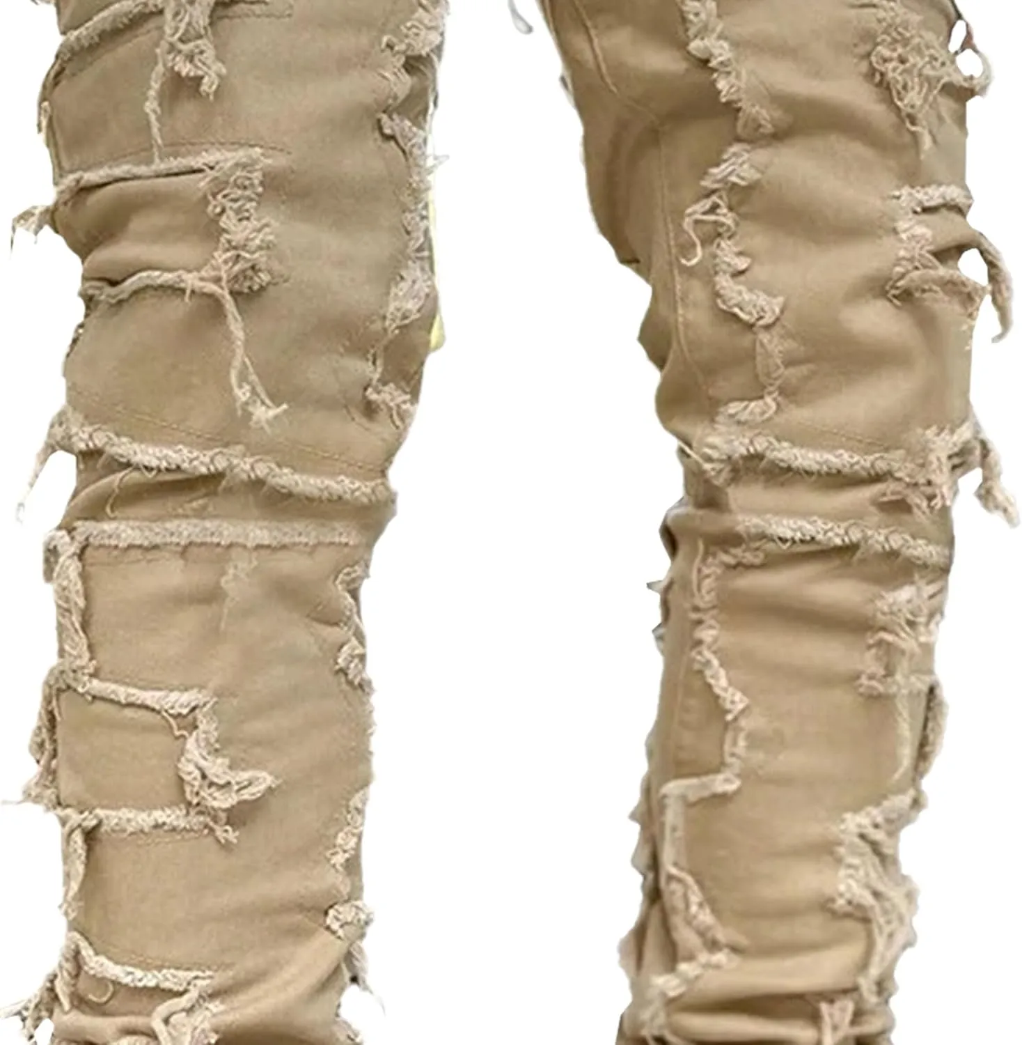 Men's Slim Fit Stacked Stretch Jeans Distressed Patchwork Frayed Straight Leg Skinny Denim Pants