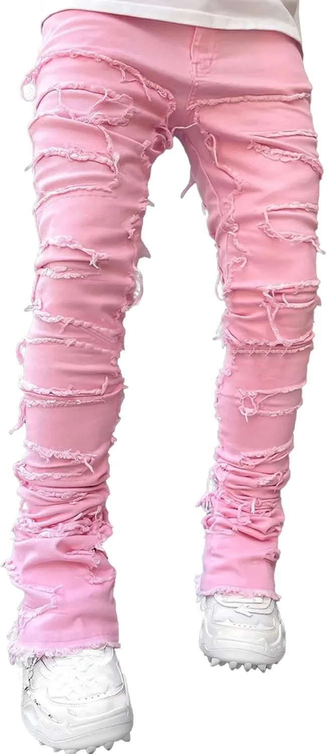 Men's Slim Fit Stacked Stretch Jeans Distressed Patchwork Frayed Straight Leg Skinny Denim Pants