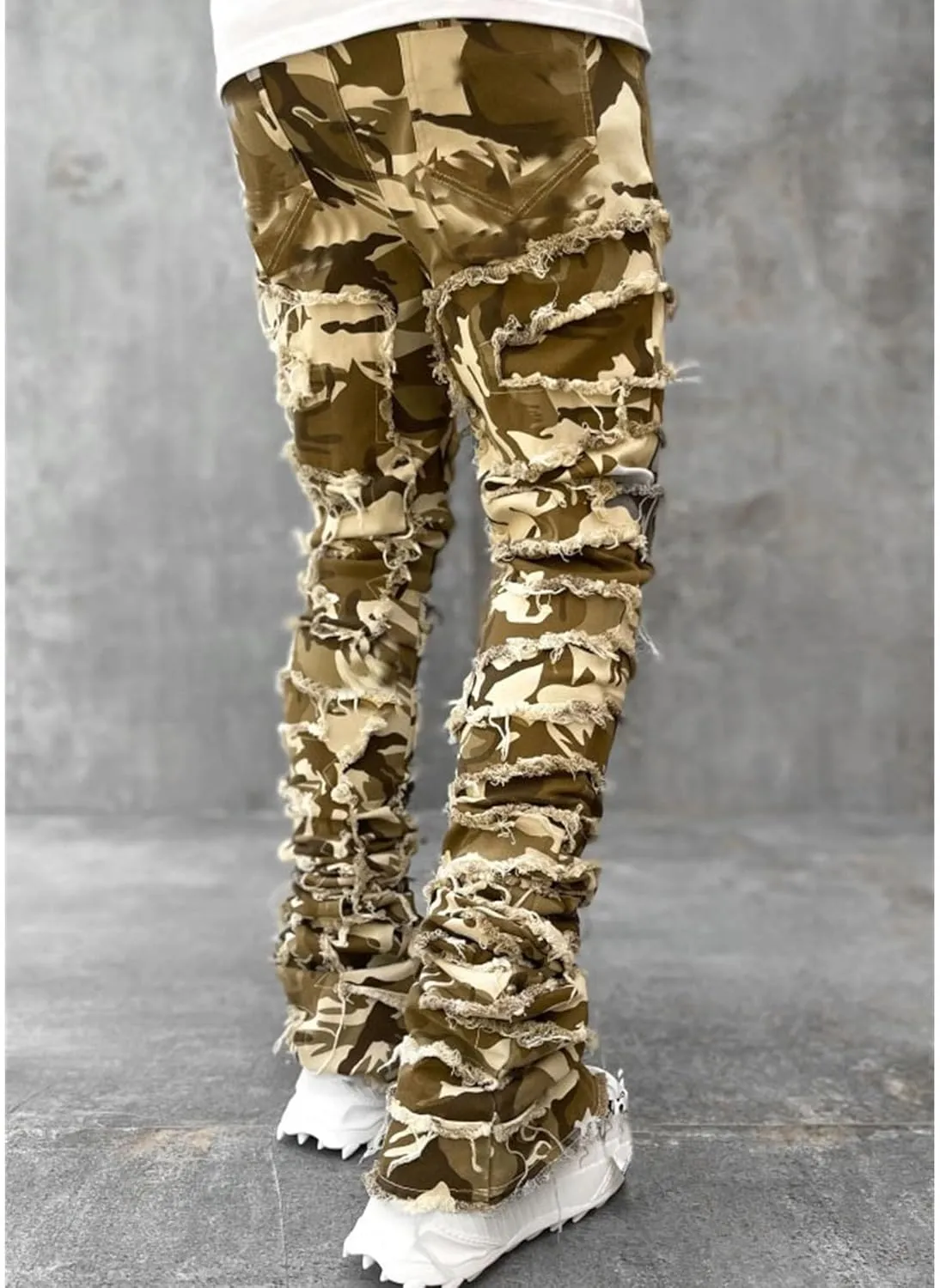 Men's Slim Fit Stacked Stretch Jeans Distressed Patchwork Frayed Straight Leg Skinny Denim Pants