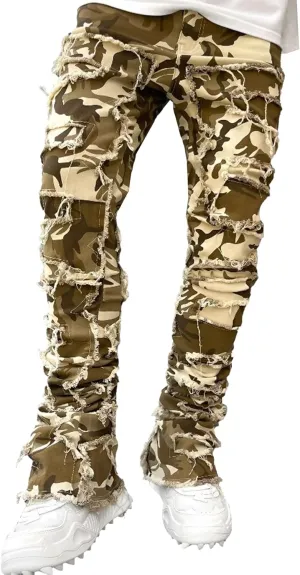 Men's Slim Fit Stacked Stretch Jeans Distressed Patchwork Frayed Straight Leg Skinny Denim Pants