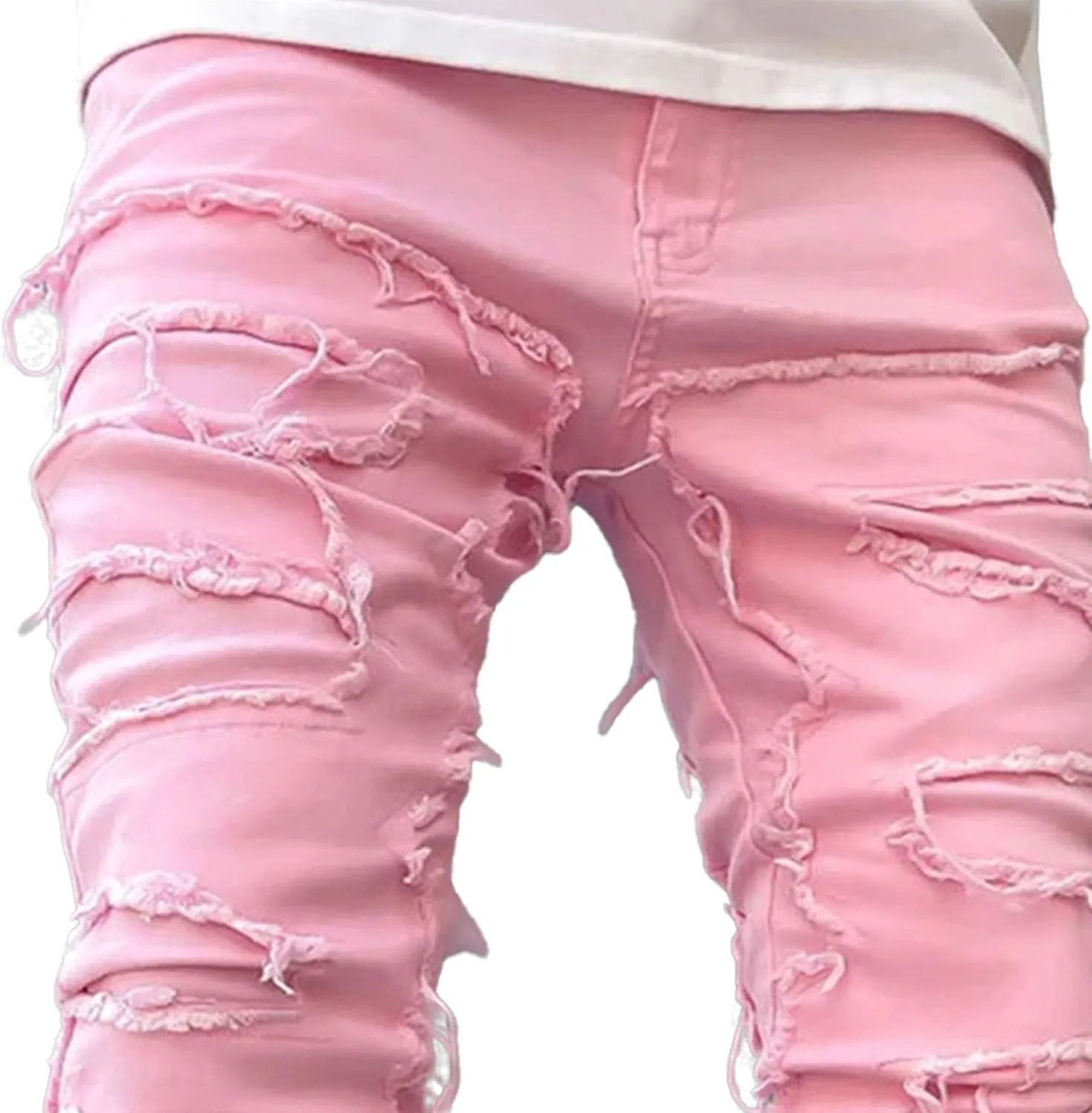 Men's Slim Fit Stacked Stretch Jeans Distressed Patchwork Frayed Straight Leg Skinny Denim Pants