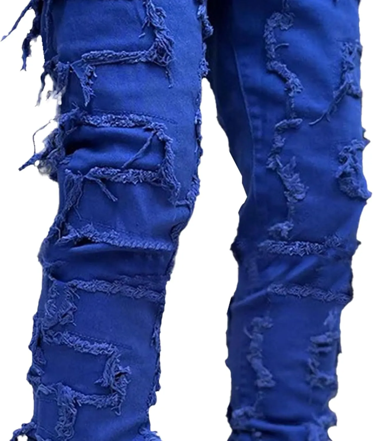 Men's Slim Fit Stacked Stretch Jeans Distressed Patchwork Frayed Straight Leg Skinny Denim Pants