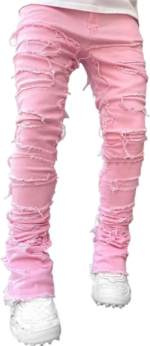 Men's Slim Fit Stacked Stretch Jeans Distressed Patchwork Frayed Straight Leg Skinny Denim Pants