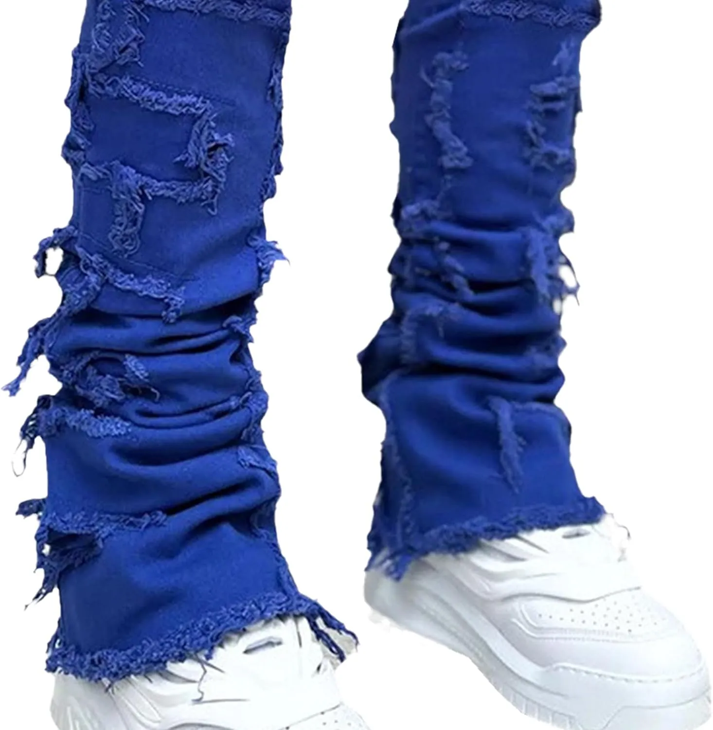 Men's Slim Fit Stacked Stretch Jeans Distressed Patchwork Frayed Straight Leg Skinny Denim Pants