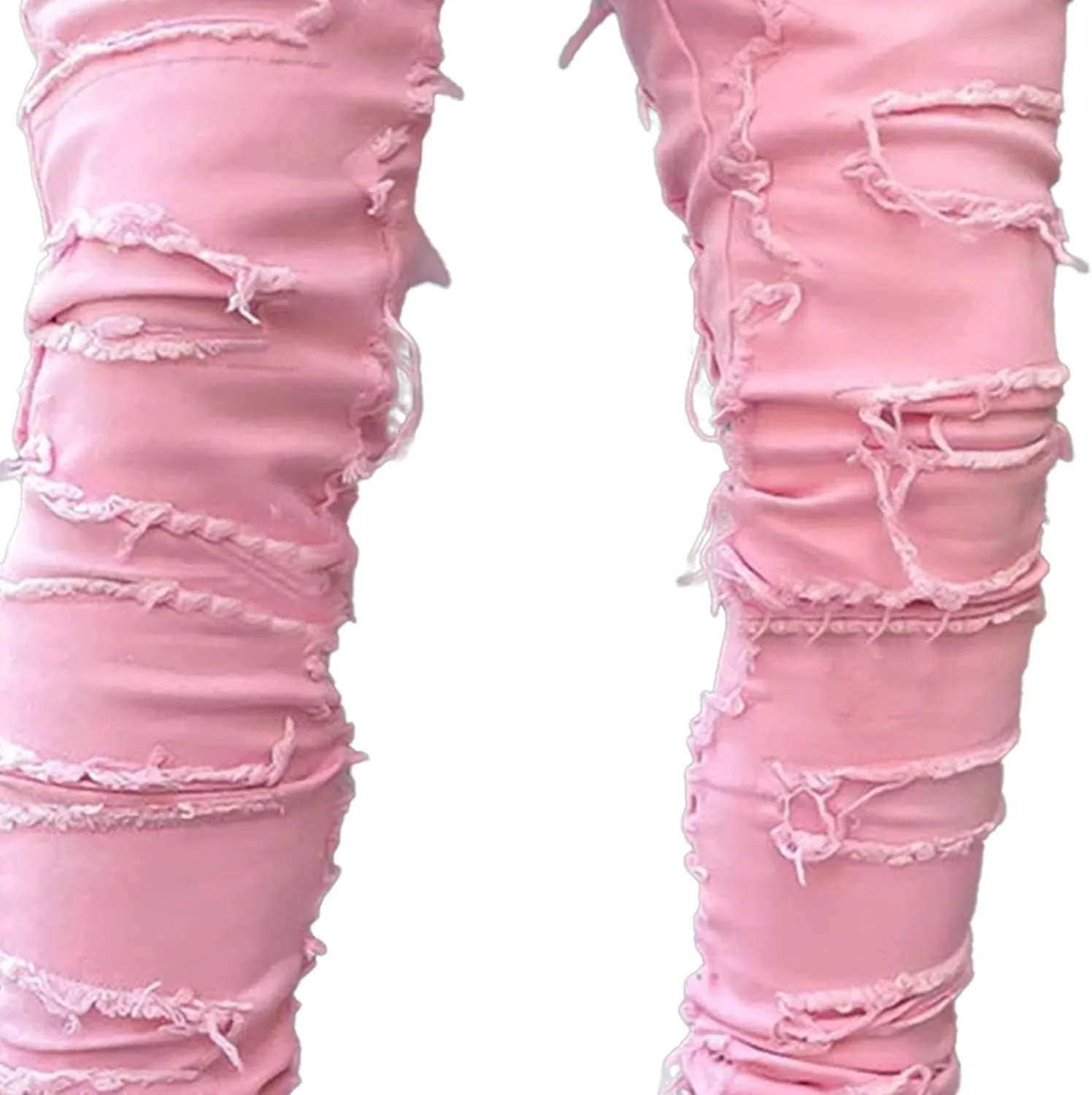 Men's Slim Fit Stacked Stretch Jeans Distressed Patchwork Frayed Straight Leg Skinny Denim Pants