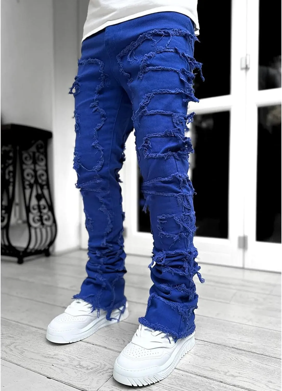 Men's Slim Fit Stacked Stretch Jeans Distressed Patchwork Frayed Straight Leg Skinny Denim Pants