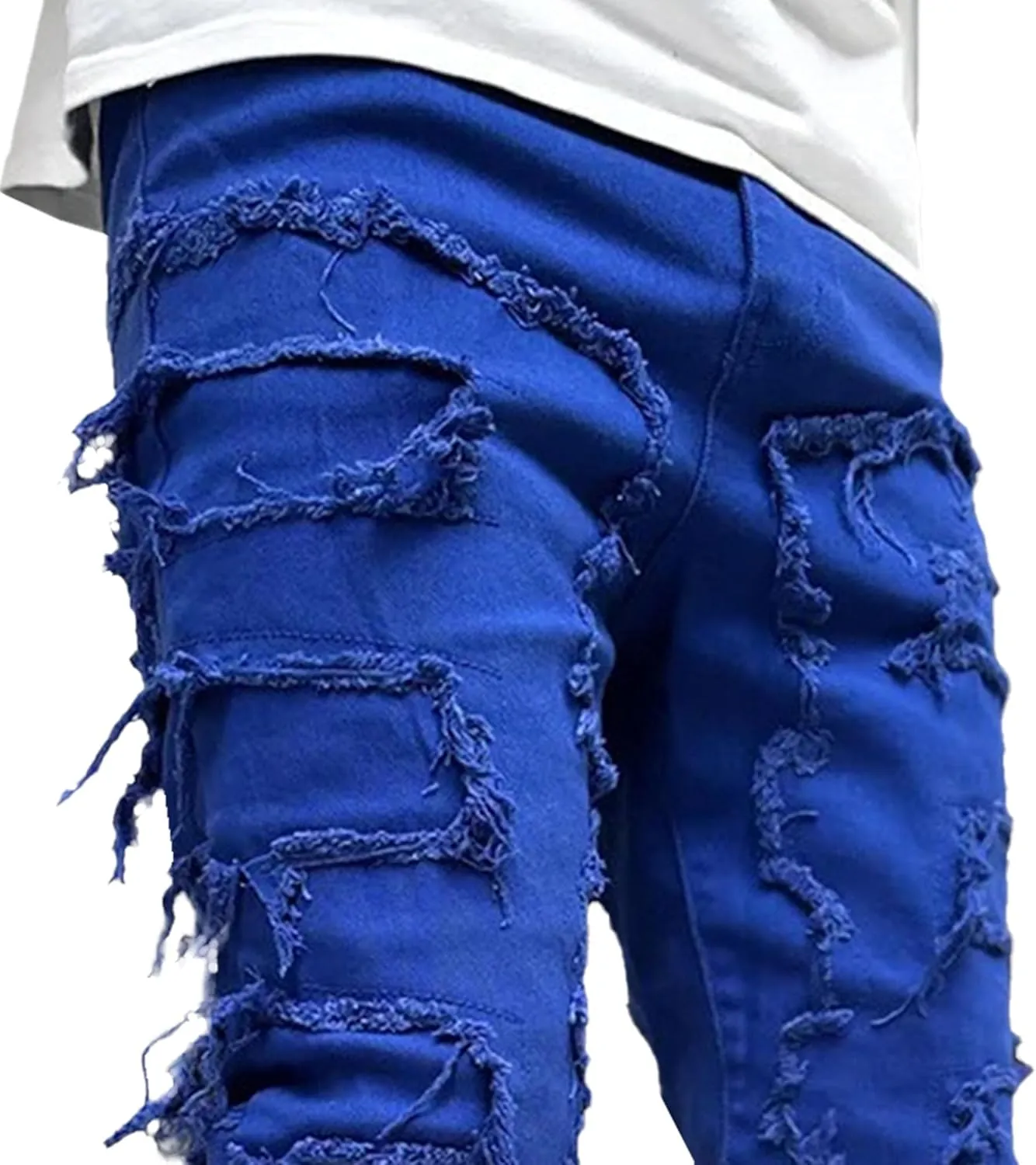 Men's Slim Fit Stacked Stretch Jeans Distressed Patchwork Frayed Straight Leg Skinny Denim Pants