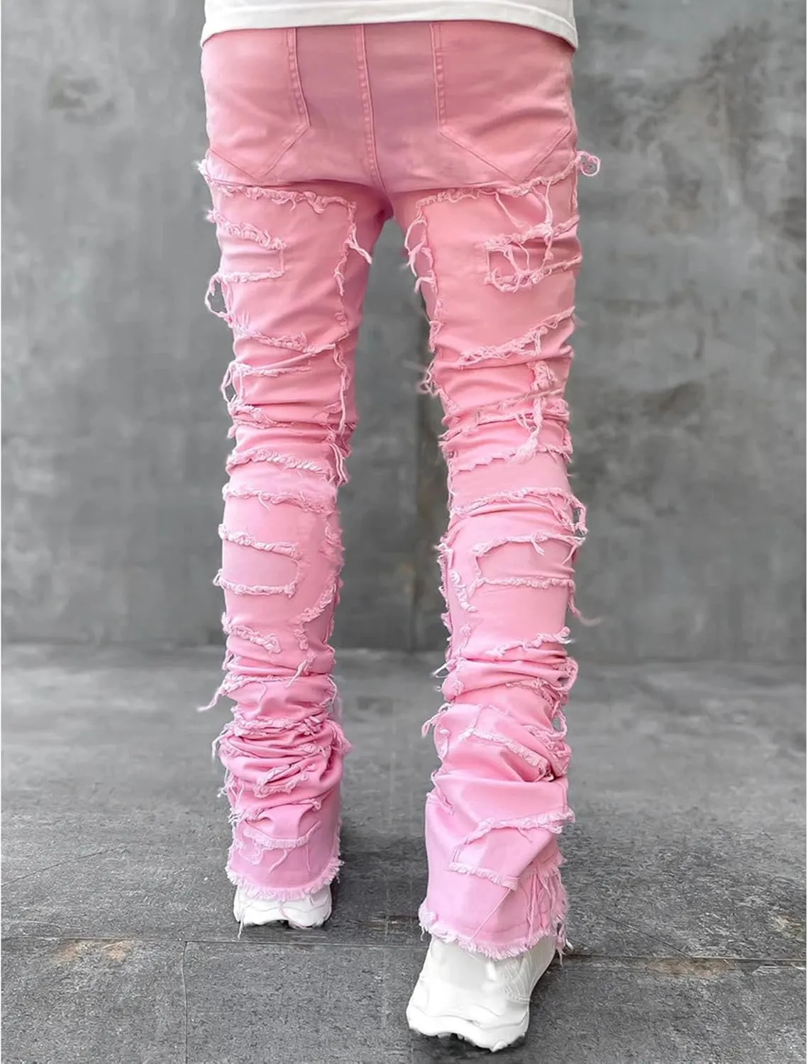 Men's Slim Fit Stacked Stretch Jeans Distressed Patchwork Frayed Straight Leg Skinny Denim Pants