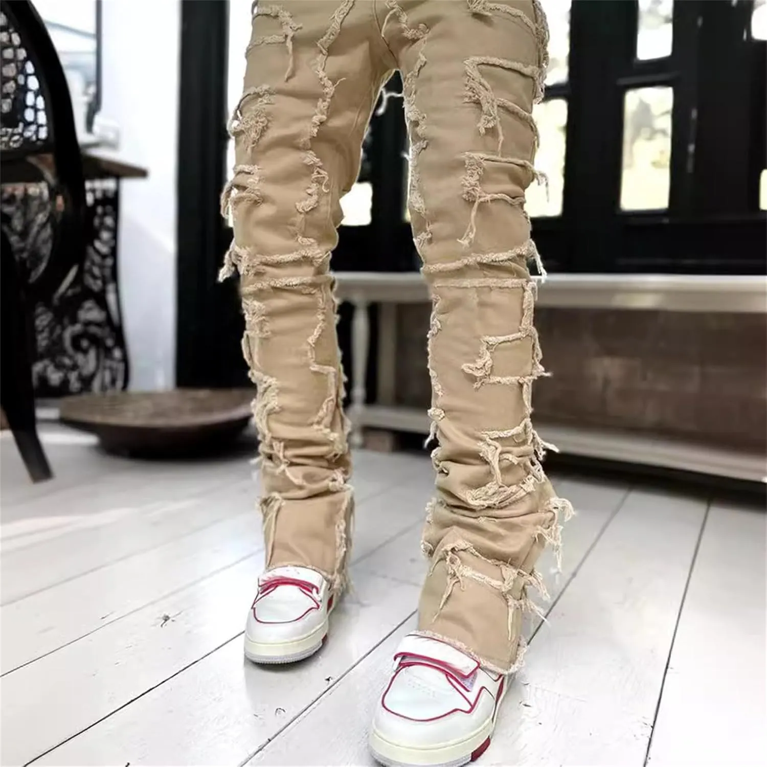 Men's Slim Fit Stacked Stretch Jeans Distressed Patchwork Frayed Straight Leg Skinny Denim Pants