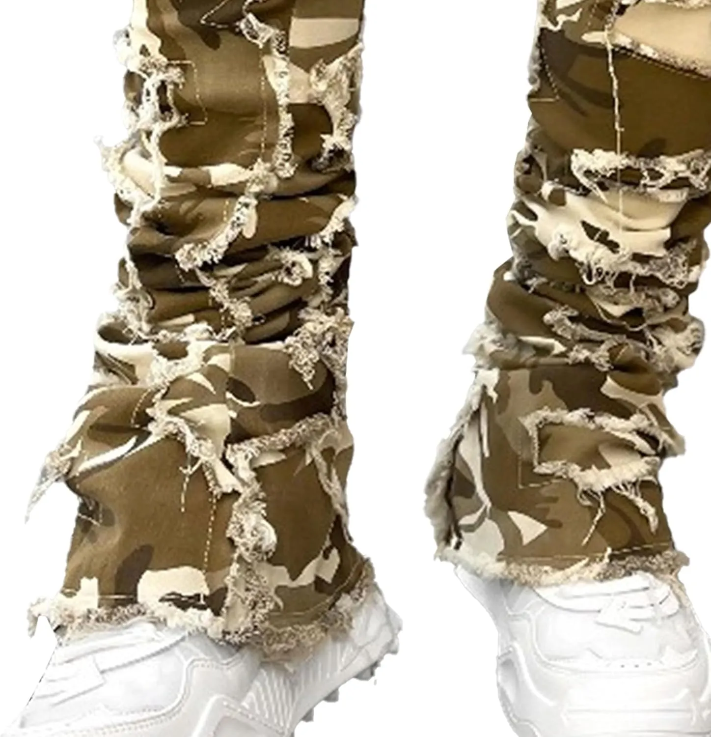Men's Slim Fit Stacked Stretch Jeans Distressed Patchwork Frayed Straight Leg Skinny Denim Pants
