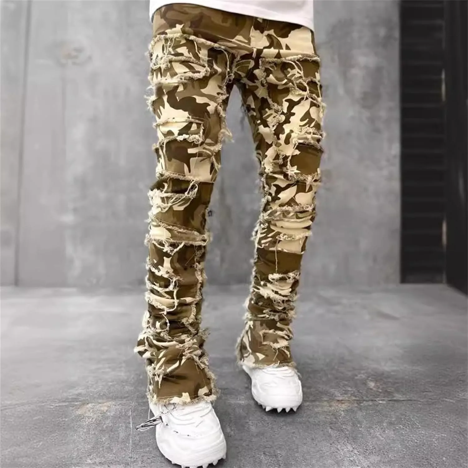 Men's Slim Fit Stacked Stretch Jeans Distressed Patchwork Frayed Straight Leg Skinny Denim Pants