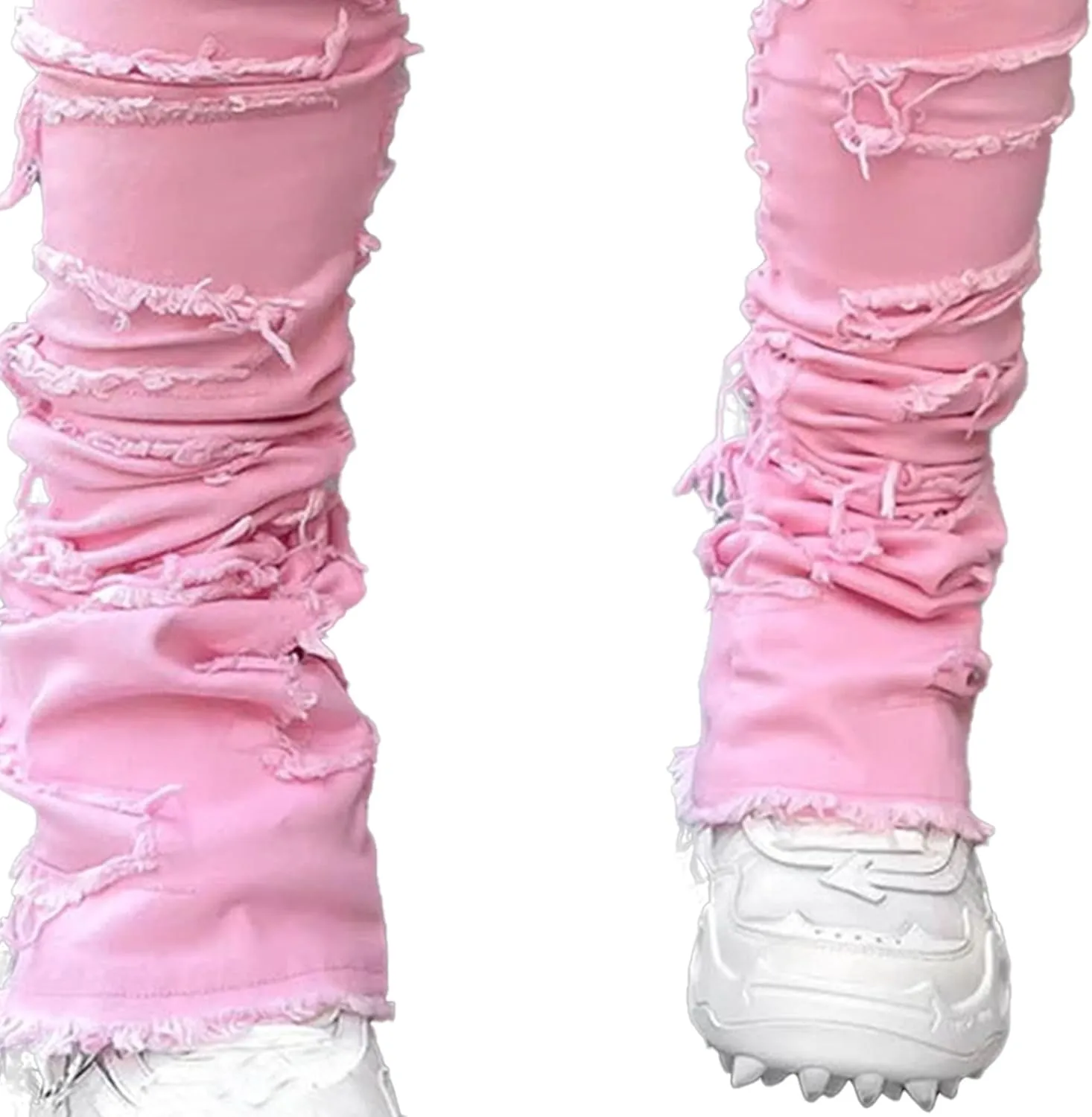 Men's Slim Fit Stacked Stretch Jeans Distressed Patchwork Frayed Straight Leg Skinny Denim Pants