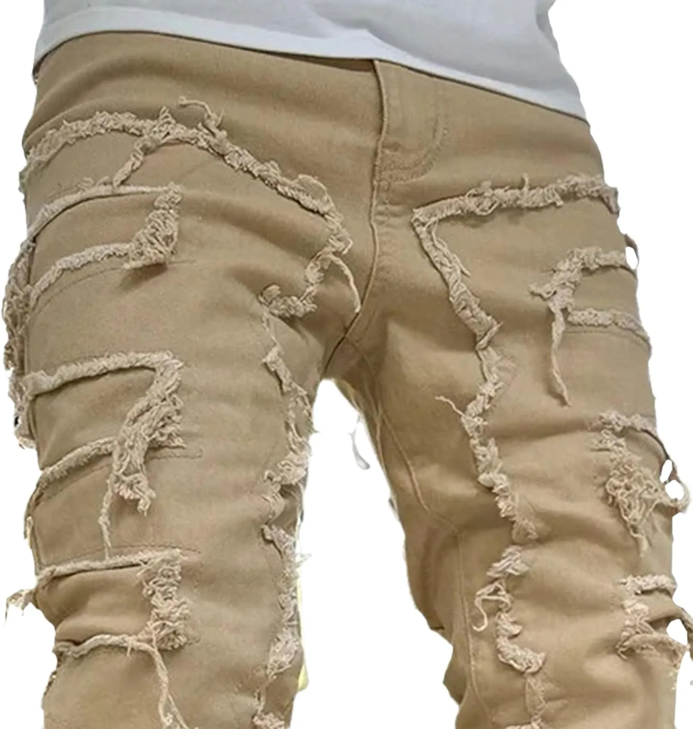 Men's Slim Fit Stacked Stretch Jeans Distressed Patchwork Frayed Straight Leg Skinny Denim Pants