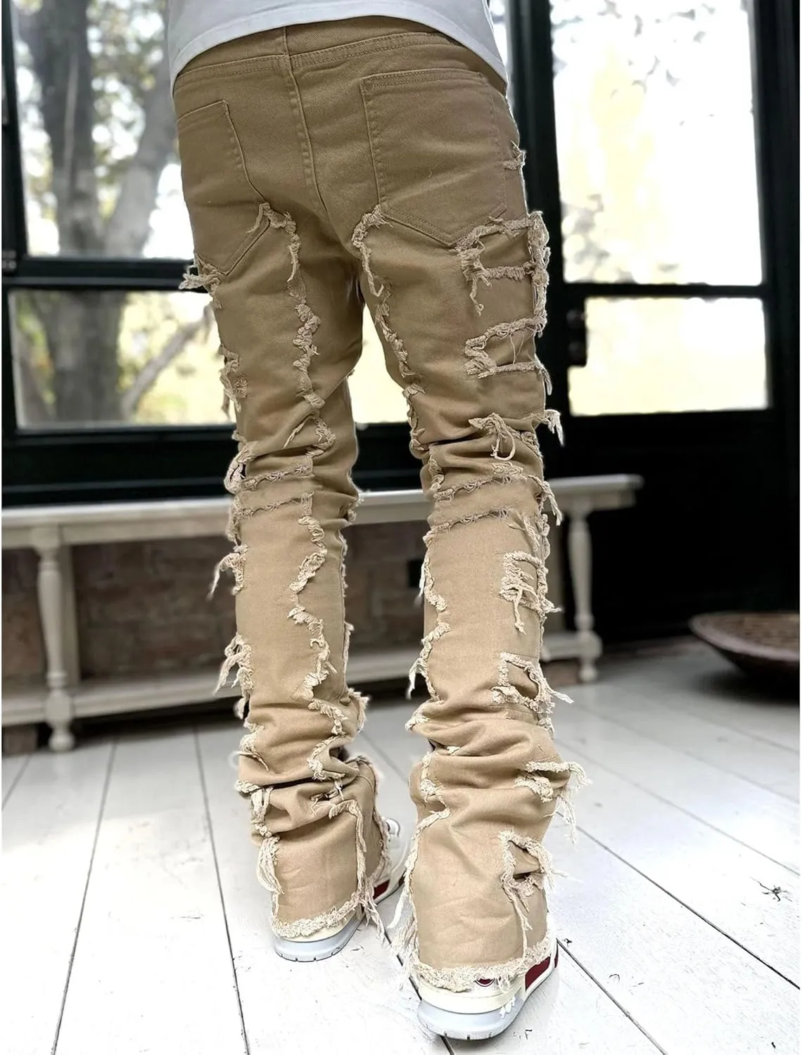 Men's Slim Fit Stacked Stretch Jeans Distressed Patchwork Frayed Straight Leg Skinny Denim Pants