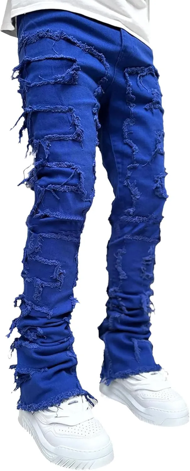 Men's Slim Fit Stacked Stretch Jeans Distressed Patchwork Frayed Straight Leg Skinny Denim Pants