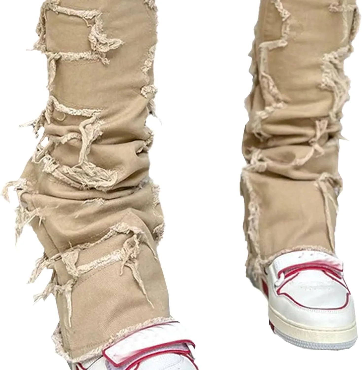 Men's Slim Fit Stacked Stretch Jeans Distressed Patchwork Frayed Straight Leg Skinny Denim Pants