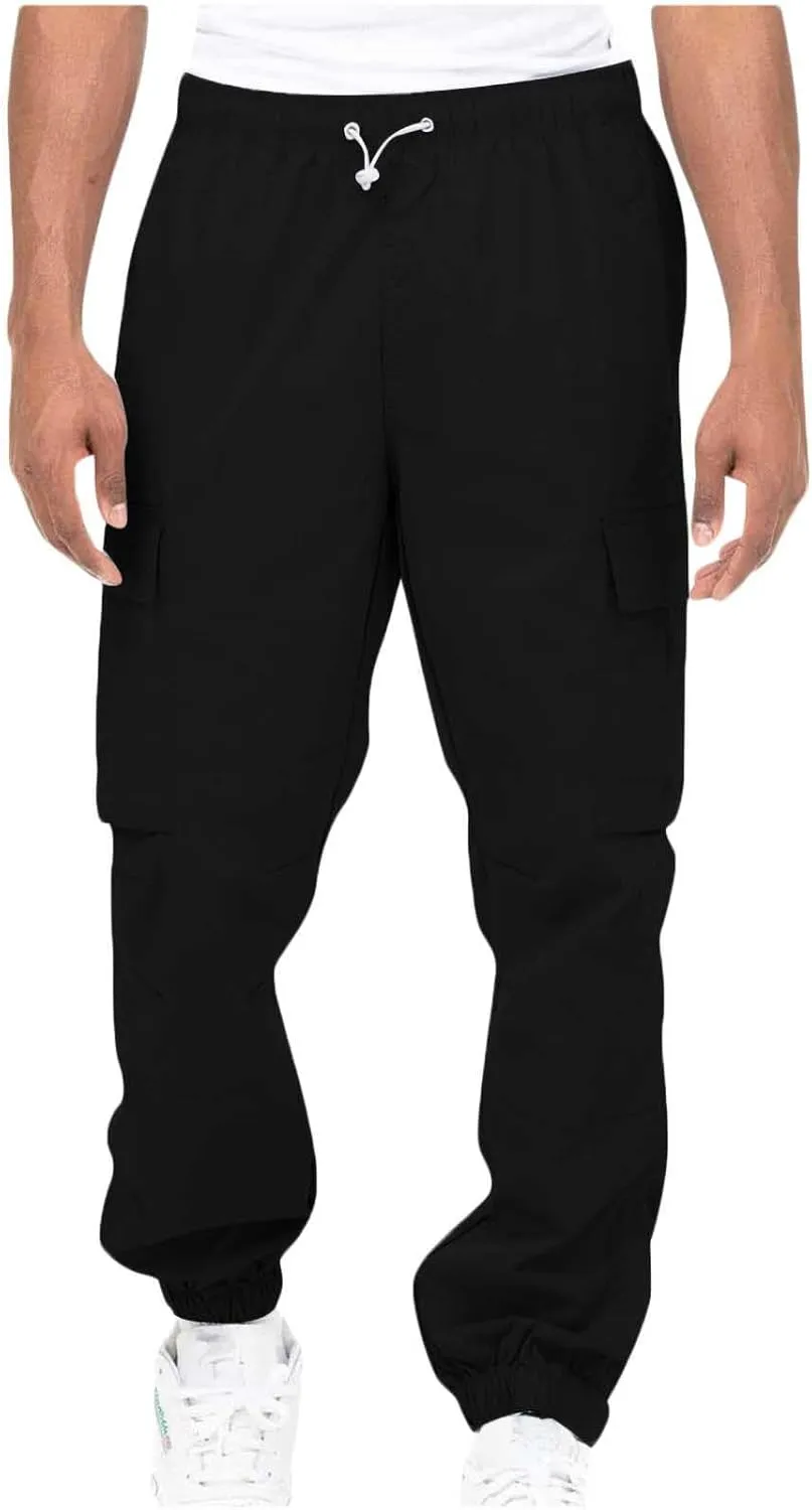 Men's Stretch Elastic Slacks Solid Color High Waist Cargo Pants with Multi Pockets Outdoor Athletic Sweatpants
