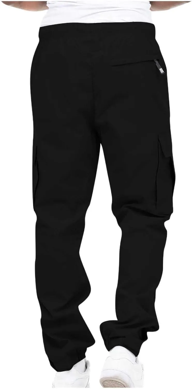 Men's Stretch Elastic Slacks Solid Color High Waist Cargo Pants with Multi Pockets Outdoor Athletic Sweatpants