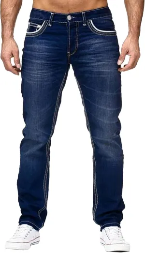 Men's Stretch Jeans Distressed Patchwork Denim Pants Comfortable Stylish Straight Leg