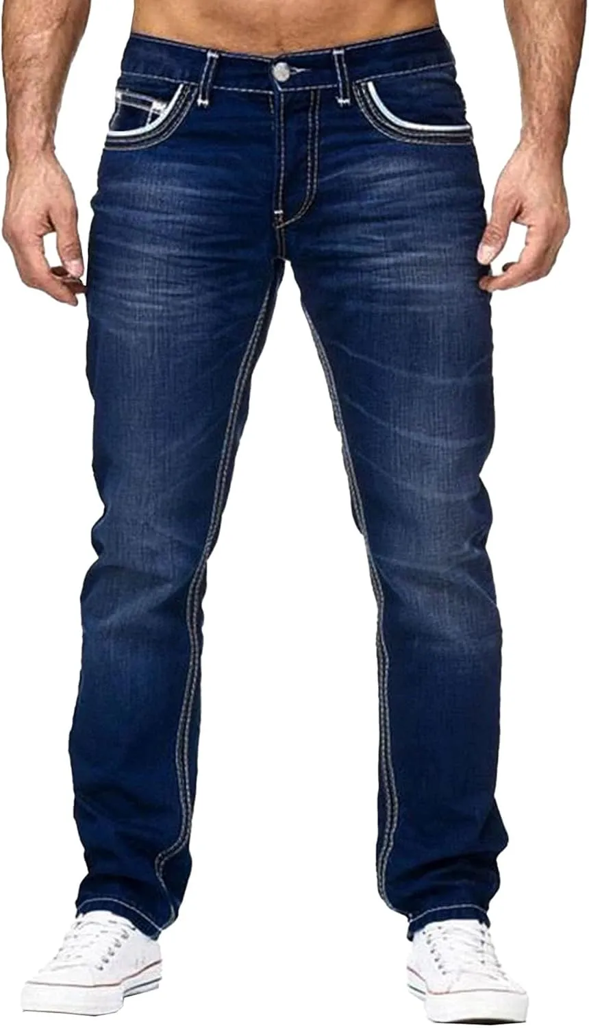 Men's Stretch Jeans Distressed Patchwork Denim Pants Comfortable Stylish Straight Leg