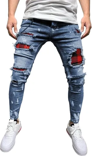 Men's Stretchy Ripped Jeans Distressed Patchwork Denim Pants Straight Leg Comfortable