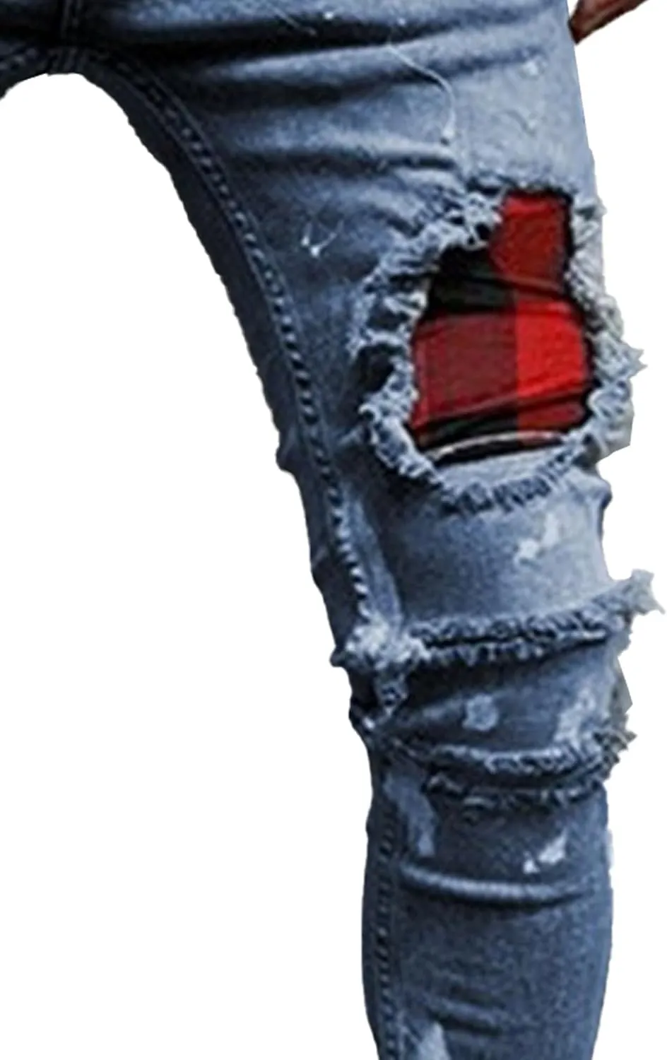 Men's Stretchy Ripped Jeans Distressed Patchwork Denim Pants Straight Leg Comfortable