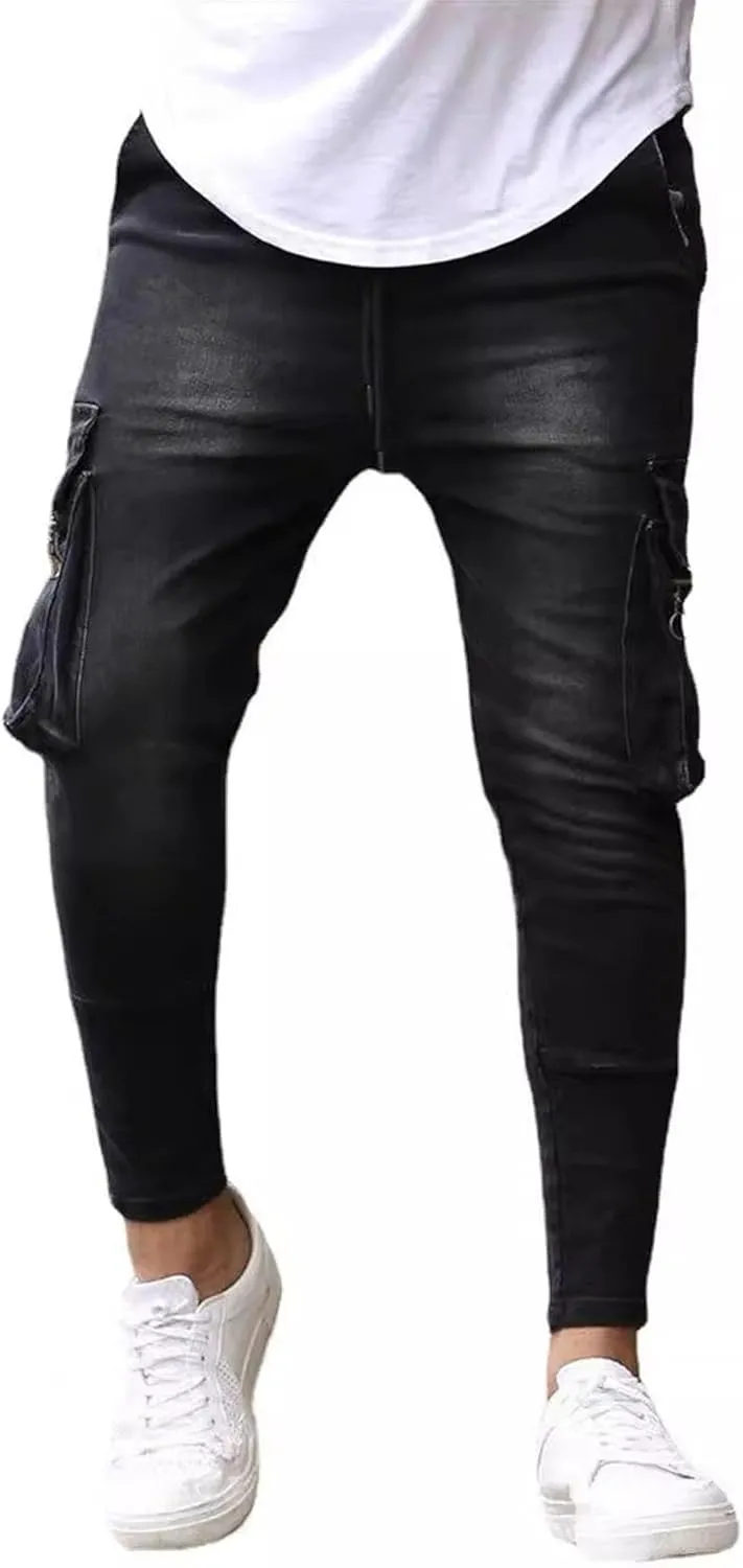 Men's Stretchy Ripped Jeans Distressed Patchwork Denim Pants Straight Leg Comfortable