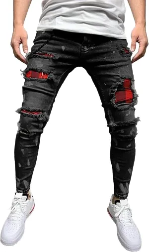 Men's Stretchy Ripped Jeans Distressed Patchwork Denim Pants Straight Leg Comfortable