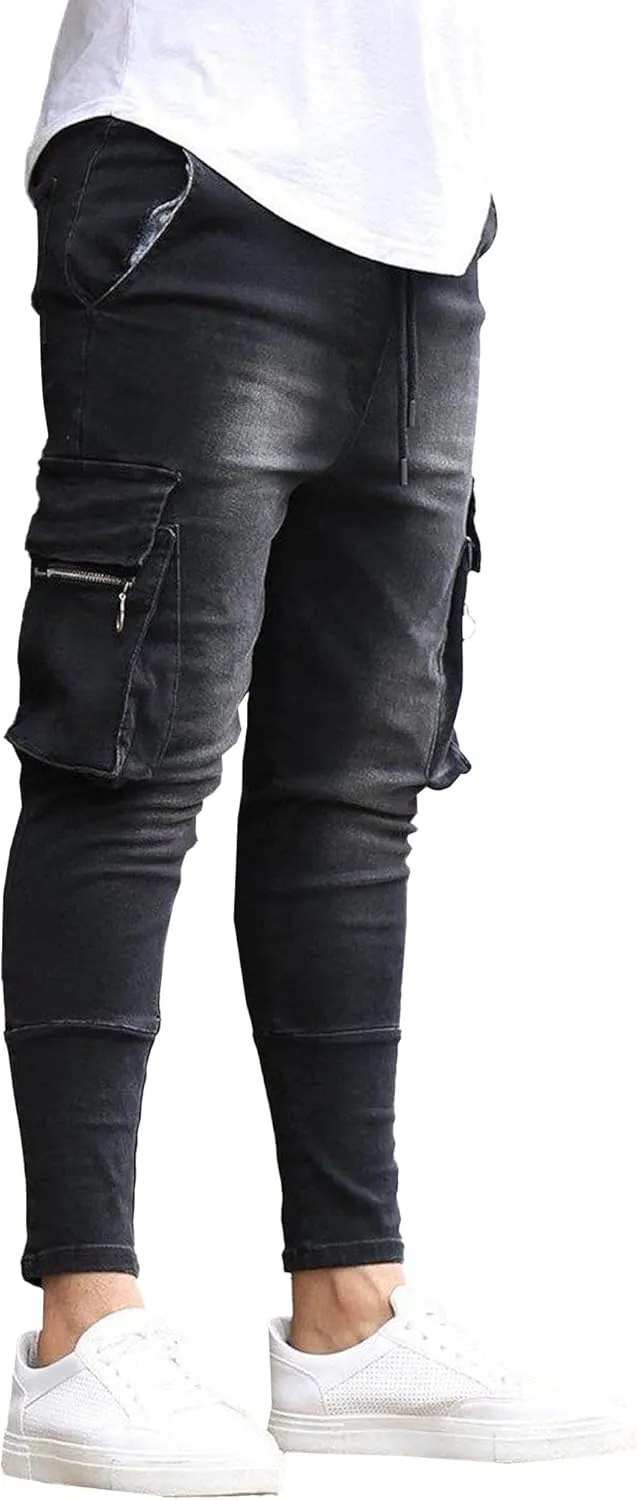 Men's Stretchy Ripped Jeans Distressed Patchwork Denim Pants Straight Leg Comfortable