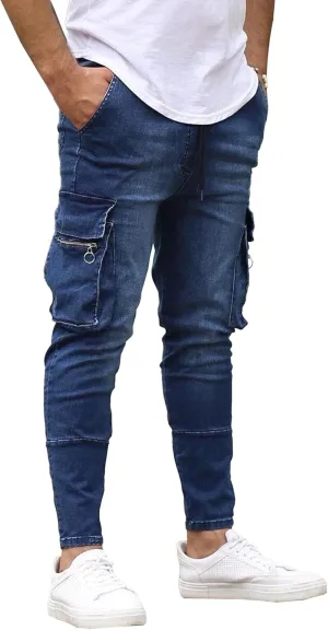 Men's Stretchy Ripped Jeans Distressed Patchwork Denim Pants Straight Leg Comfortable