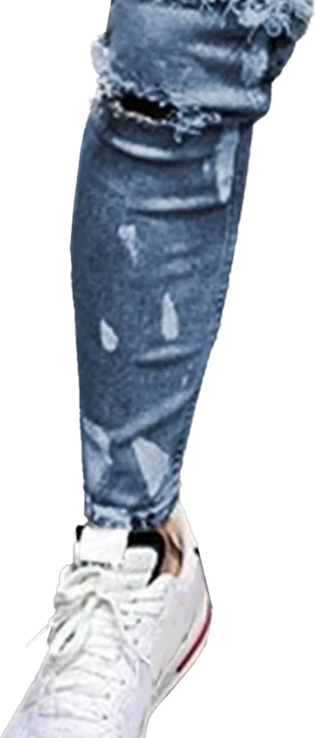 Men's Stretchy Ripped Jeans Distressed Patchwork Denim Pants Straight Leg Comfortable