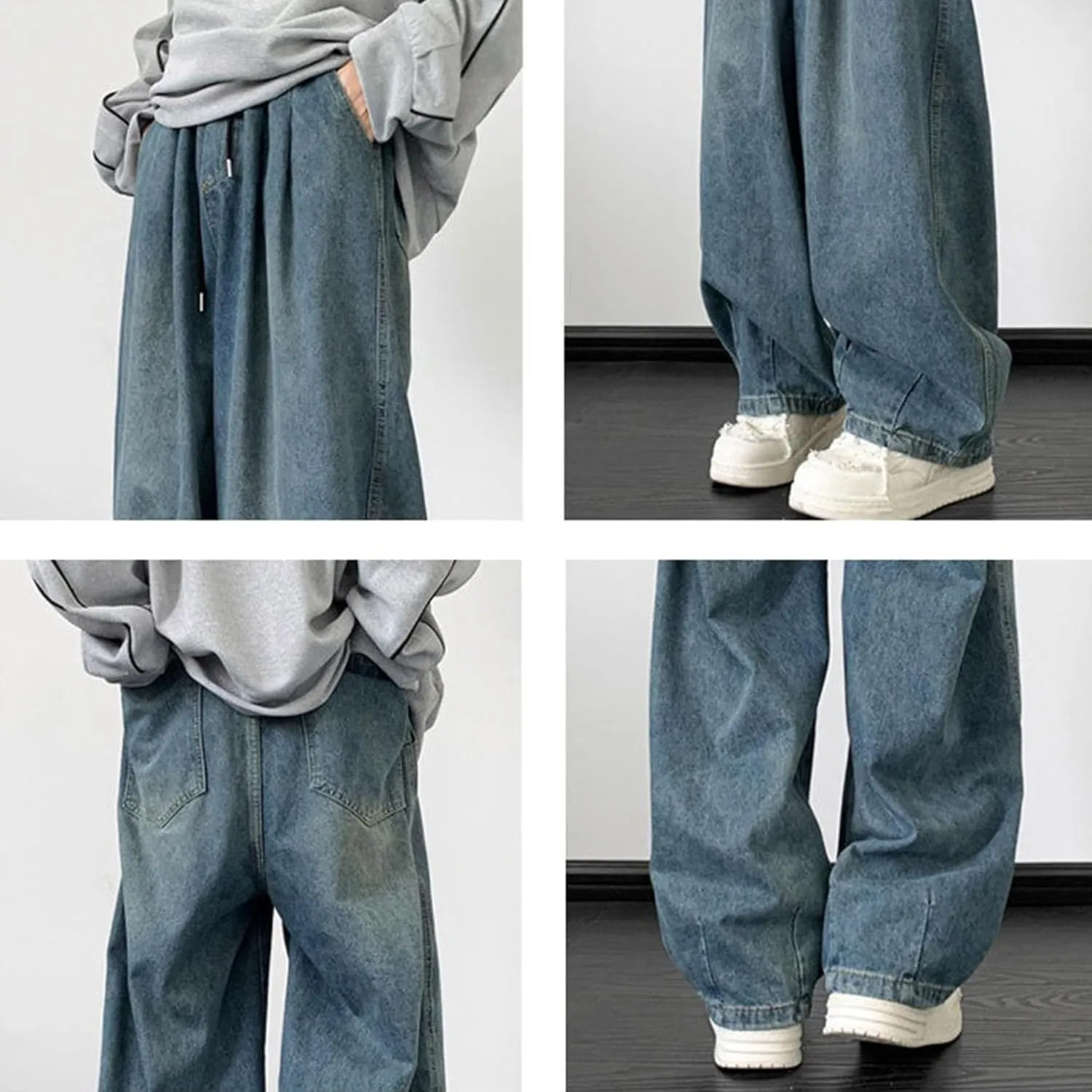 Men's Stretchy Ripped Jeans Distressed Patchwork Denim Pants Straight Leg Comfortable