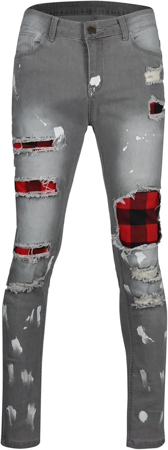 Men's Stretchy Ripped Jeans Distressed Patchwork Denim Pants Straight Leg Comfortable