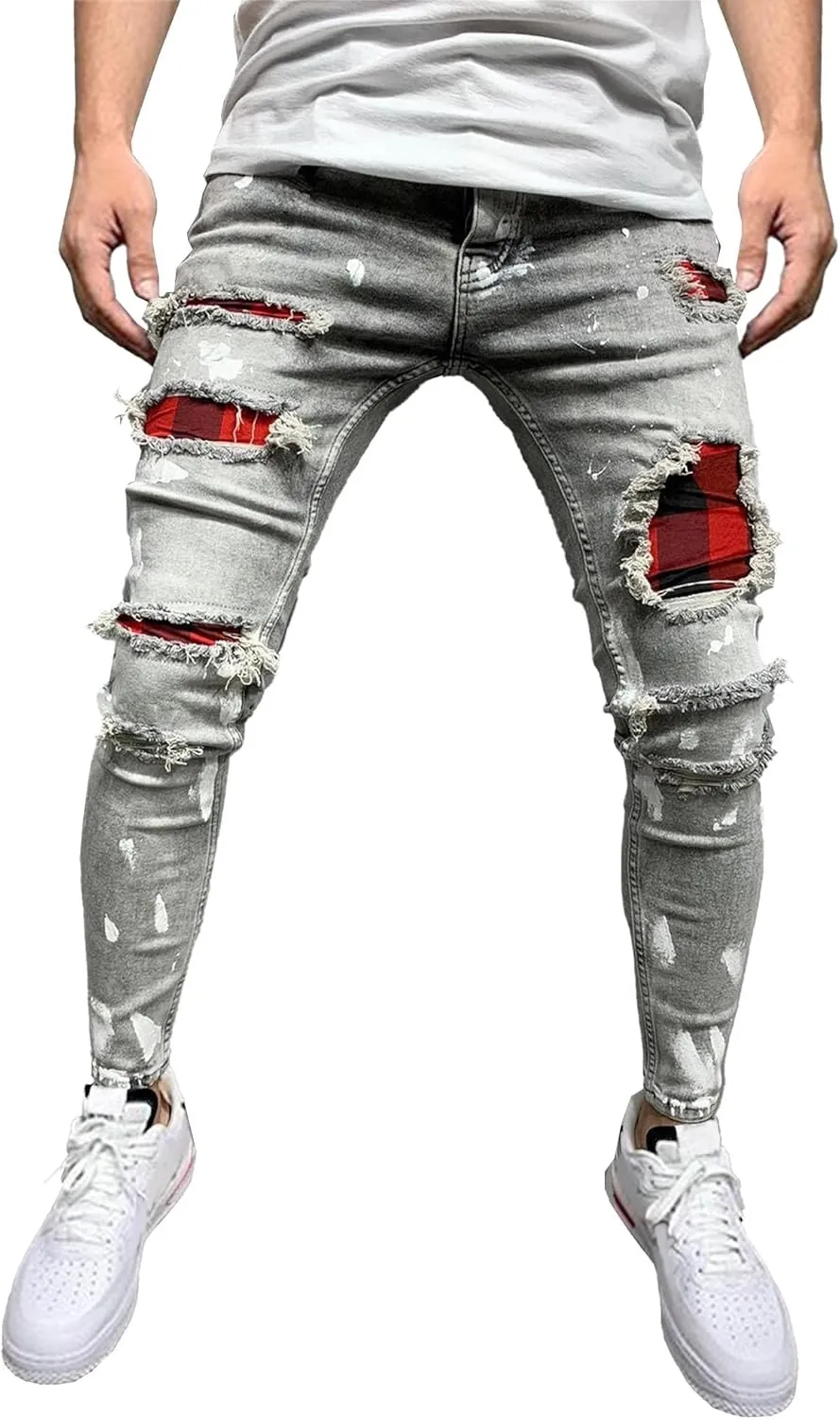 Men's Stretchy Ripped Jeans Distressed Patchwork Denim Pants Straight Leg Comfortable