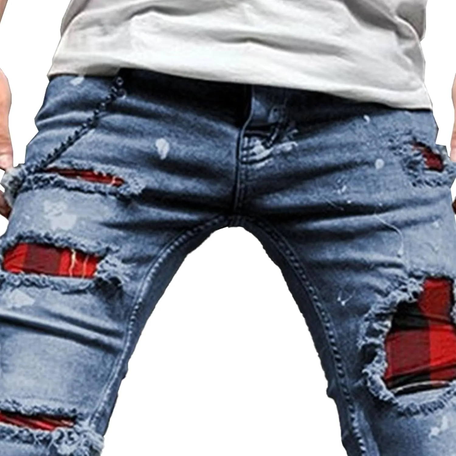 Men's Stretchy Ripped Jeans Distressed Patchwork Denim Pants Straight Leg Comfortable